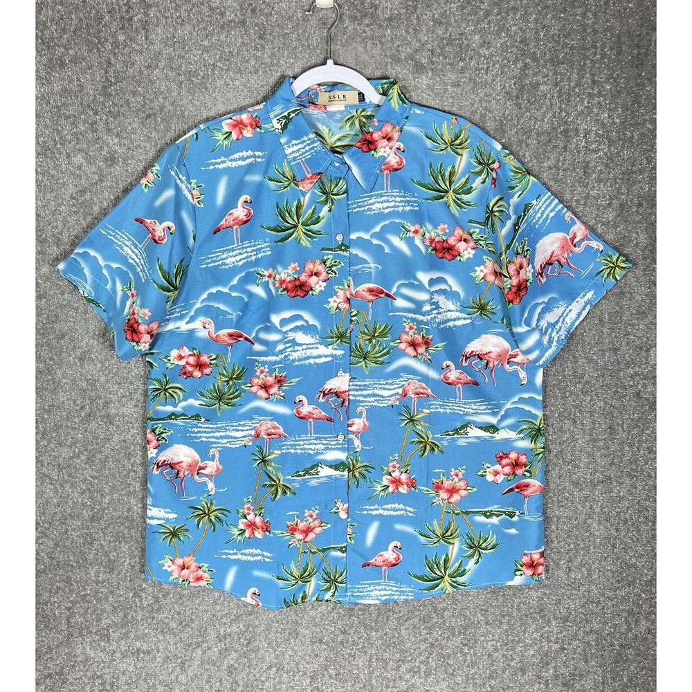 SSLR Button Up Top Womens Size 2XL Blue Pink Flamingo Hawaiian Resort Wear